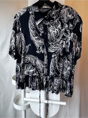 STINE GOYA Navy and White Scroll-Print Button Front Blouse